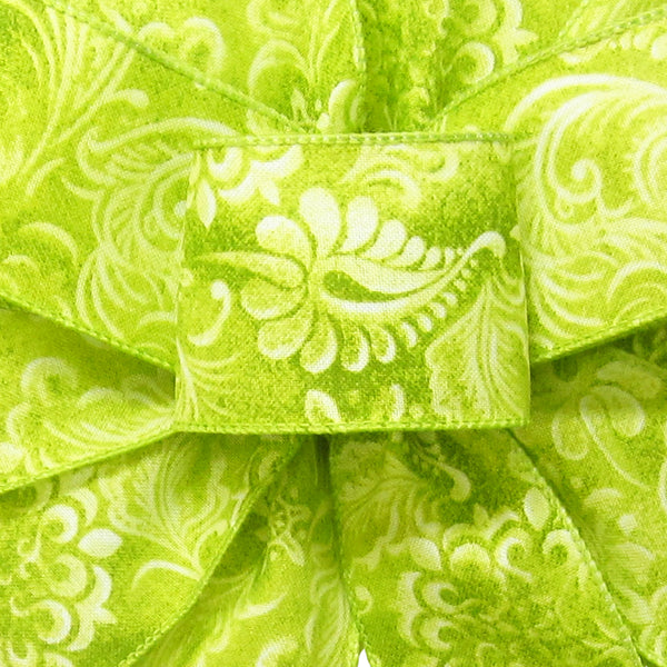 Wired Spring Ribbon - Wired Lime Green Paisley Linen Ribbon (#40-2.5"Wx10Yards)