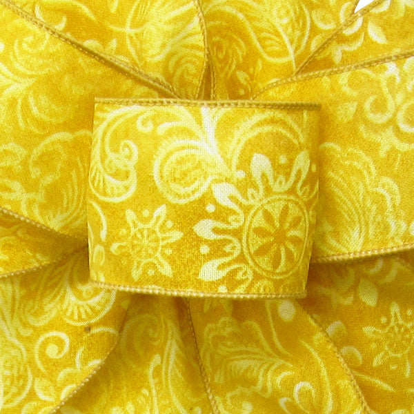 Wired Easter Ribbon - Wired Yellow Paisley Linen Ribbon (#40-2.5"Wx10Yards)