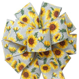 Fall Wreath Bows - Wired Gray Linen Painted Sunflowers Bow (2.5"ribbon~10"Wx20"L)
