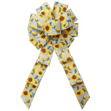 Sunflower Bows - Wired Gray Linen Painted Sunflowers Bow (2.5"ribbon~10"Wx20"L)