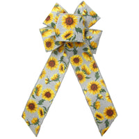 Fall Bows - Wired Gray Linen Painted Sunflowers Bow (2.5"ribbon~6"Wx10"L)