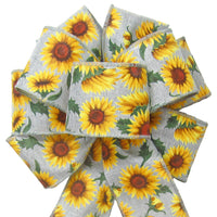 Fall Bows - Wired Gray Linen Painted Sunflowers Bow (2.5"ribbon~8"Wx16"L)