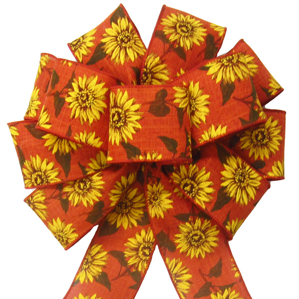 Fall Wreath Bows - Wired Burnt Orange Linen Painted Sunflowers Bow (2.5"ribbon~10"Wx20"L)