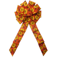 Fall Bows - Wired Burnt Orange Linen Painted Sunflowers Bow (2.5"ribbon~10"Wx20"L)
