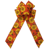 Fall Wreath Bows - Wired Burnt Orange Linen Painted Sunflowers Bow (2.5"ribbon~6"Wx10"L)