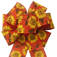 Fall Wreath Bows - Wired Burnt Orange Linen Painted Sunflowers Bow (2.5"ribbon~8"Wx16"L)