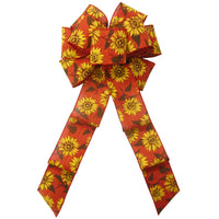 Fall Bows - Wired Burnt Orange Linen Painted Sunflowers Bow (2.5"ribbon~8"Wx16"L)