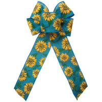 Fall Wreath Bows - Wired Teal Linen Painted Sunflowers Bow (2.5"ribbon~6"Wx10"L)