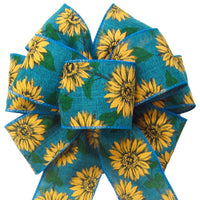 Fall Wreath Bows - Wired Teal Linen Painted Sunflowers Bow (2.5"ribbon~8"Wx16"L)