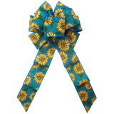 Fall Bows - Wired Teal Linen Painted Sunflowers Bow (2.5"ribbon~8"Wx16"L)