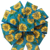 Fall Wreath Bows - Wired Teal Linen Painted Sunflowers Bow (2.5"ribbon~10"Wx20"L)