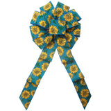 Fall Bows - Wired Teal Linen Painted Sunflowers Bow (2.5"ribbon~10"Wx20"L)