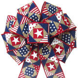 Wired Patriotic Patchwork Natural Bows (2.5"ribbon~10"Wx20"L)