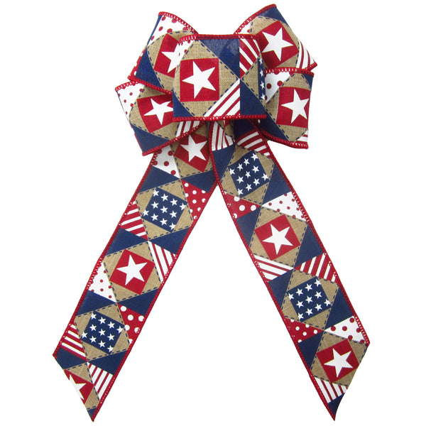 Wired Patriotic Patchwork Natural Bows (2.5"ribbon~6"Wx10"L)