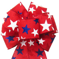 Wired Patriotic Stars Red Bow (2.5"ribbon~8"Wx16"L) - Alpine Holiday Bows