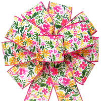 Wired Spring Bows - Wired Pink & Tangerine Watercolor Floral Bow (2.5"ribbon~10"Wx20"L)