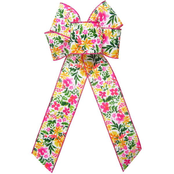 Wired Floral Bows - Wired Pink & Tangerine Watercolor Floral Bow (2.5"ribbon~6"Wx10"L)