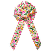 Spring Wreath Bows - Wired Pink & Tangerine Watercolor Floral Bow (2.5"ribbon~8"Wx16"L)