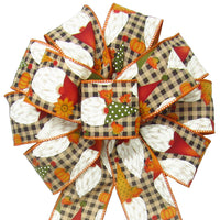 Fall Bows - Wired Fall Gnomes & Pumpkins on Gingham Check Bow (2.5"ribbon~10"Wx20"L)