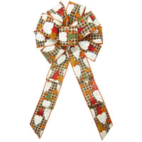 Fall Wreath Bows - Wired Fall Gnomes & Pumpkins on Gingham Check Bow (2.5"ribbon~10"Wx20"L)
