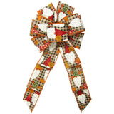 Fall Wreath Bows - Wired Fall Gnomes & Pumpkins on Gingham Check Bow (2.5"ribbon~8"Wx16"L)
