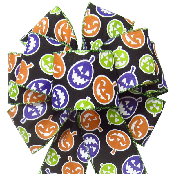 Halloween Bows - Wired Pumpkins Jack O Lanterns Party Bow (2.5"ribbon~8"Wx16"L)