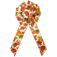 Autumn Wreath Bows - Wired Harvest Pumpkins on Ivory Check Bows (2.5"ribbon~8"Wx16"L)