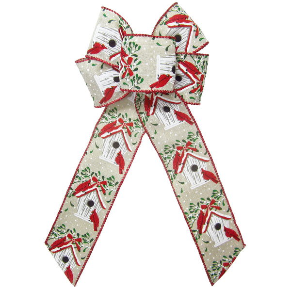 Christmas Bows - Wired Cardinals Birdhouse Natural Bow (2.5"ribbon~6"Wx10"L)