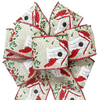 Christmas Wreath Bows - Wired Cardinals Birdhouse Natural Bow (2.5"ribbon~8"Wx16"L)