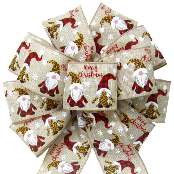 Christmas Bows - Wired Red Buffalo Cheetah Gnomes Christmas Bow (2.5"ribbon~10"Wx20"L)