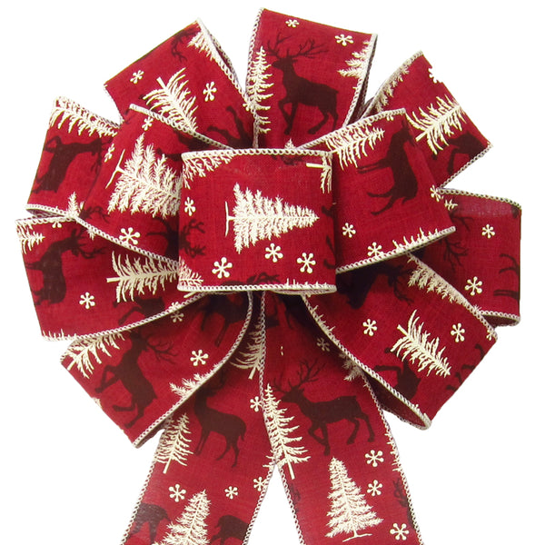 Christmas Wreath Bows - Wired Red Deer Snow Pine Forest 10Inch
