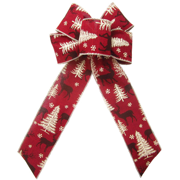 Christmas Bows - Wired Red Deer Snow Pine Forest Bow 6Inch
