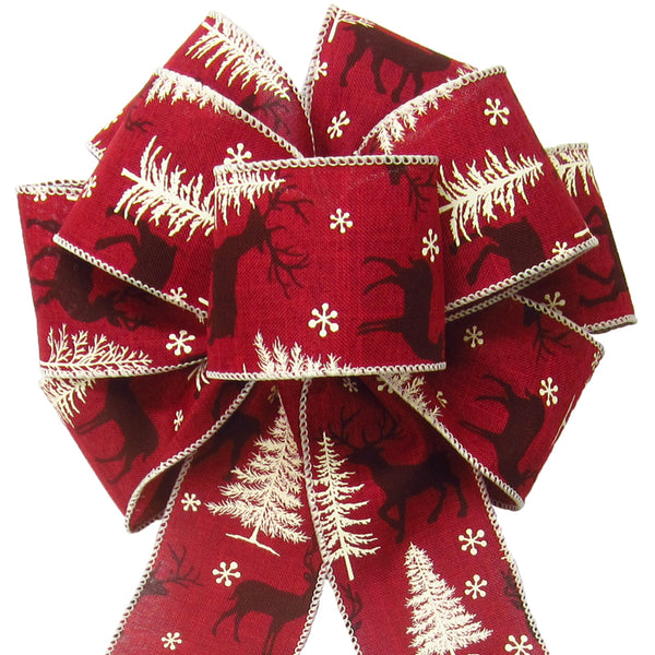 Christmas Bows - Wired Red Deer Snow Pine Forest Bow 8Inch
