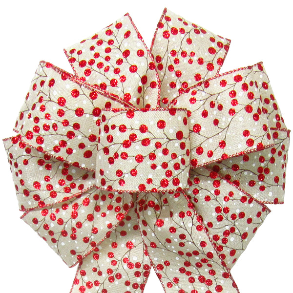 Christmas Bows - Wired Red Glitter Berries Rustic Christmas Bow (2.5"ribbon~10"Wx20"L)