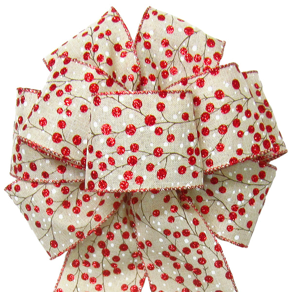 Christmas Bows - Wired Red Glitter Berries Rustic Christmas Bow (2.5"ribbon~8"Wx16"L)