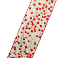 Wired Berry Ribbon - Wired Red Glitter Berries Rustic Christmas Ribbon (#40-2.5"Wx10Yards)