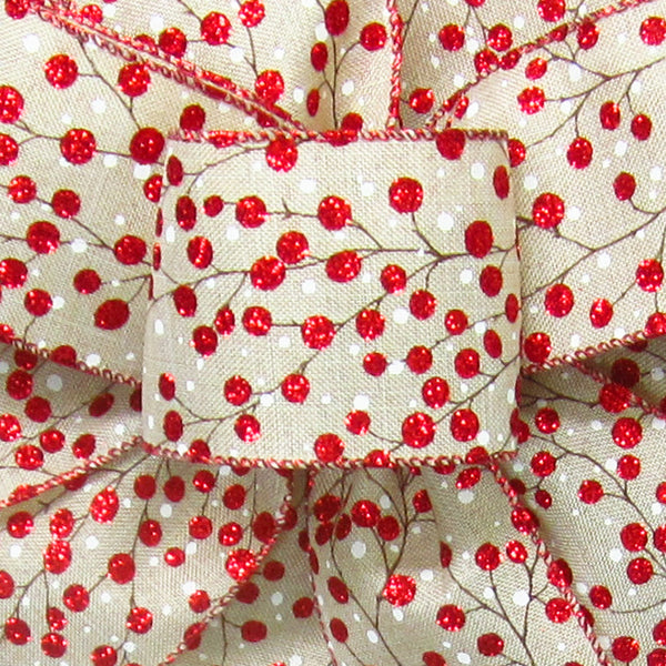 Christmas Ribbon - Wired Red Glitter Berries Rustic Christmas Ribbon (#40-2.5"Wx10Yards)
