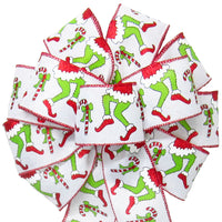 Christmas Bows - Wired Green Monster Legs Candy Cane Christmas Bow (2.5"ribbon~10"Wx20"L)