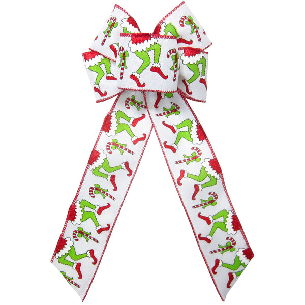 Christmas Bows - Wired Green Monster Legs Candy Cane Christmas Bow (2.5"ribbon~6"Wx10"L)