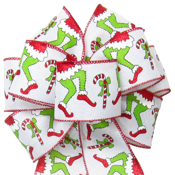 Christmas Bows - Wired Green Monster Legs Candy Cane Christmas Bow (2.5"ribbon~8"Wx16"L)