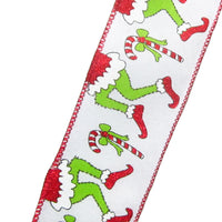 Christmas Wreath Ribbon - Wired Green Monster Legs Candy Cane Christmas Ribbon (#40-2.5"Wx10Yards)