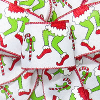 Christmas Ribbon - Wired Green Monster Legs Candy Cane Christmas Ribbon (#40-2.5"Wx10Yards)