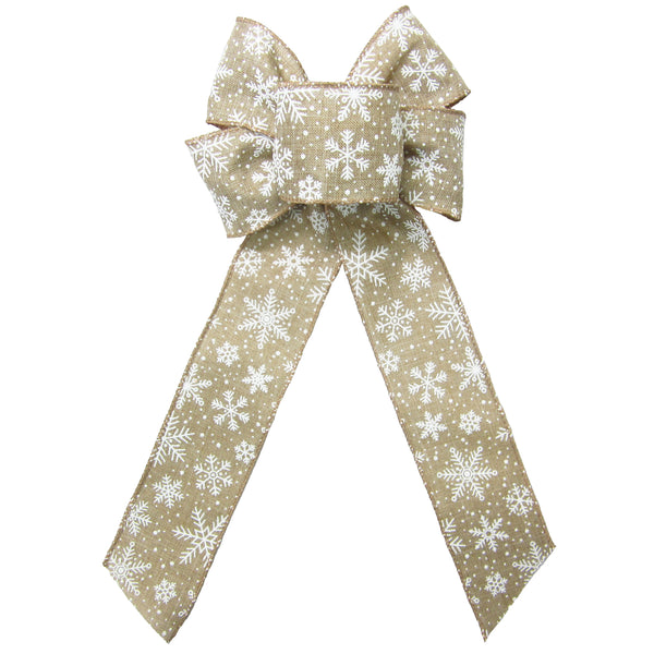 Christmas Bows - Wired Natural & White Snowflake Christmas Bow (2.5"ribbon~6"Wx10"L)