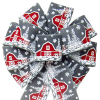 Christmas Bows - Wired Snowy Red Barn on Grey Linen Bow (2.5"ribbon~10"Wx20"L)