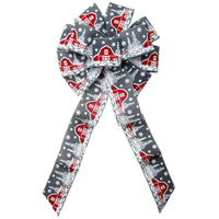 Christmas Wreath Bows - Wired Snowy Red Barn on Grey Linen Bow (2.5"ribbon~10"Wx20"L)