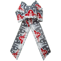 Christmas Bows - Wired Snowy Red Barn on Grey Linen Bow (2.5"ribbon~6"Wx10"L)
