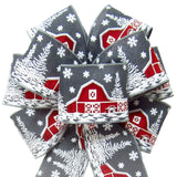 Christmas Wreath Bows - Wired Snowy Red Barn on Grey Linen Bow (2.5"ribbon~8"Wx16"L)
