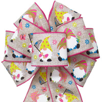 Spring Gnomes Bow - Wired Spring Gnomes & Butterflies Bow (2.5"ribbon~8"Wx16"L)