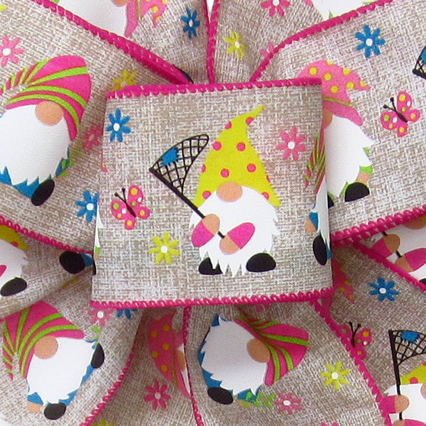 Wired Gnome Ribbon - Wired Spring Gnomes & Butterflies Ribbon (#40-2.5"Wx10Yards)