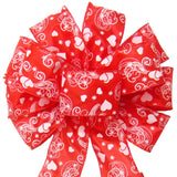 Valentines Day Bows - Wired Swirling Valentine Hearts on Satin Bow (2.5"ribbon~10"Wx20"L)